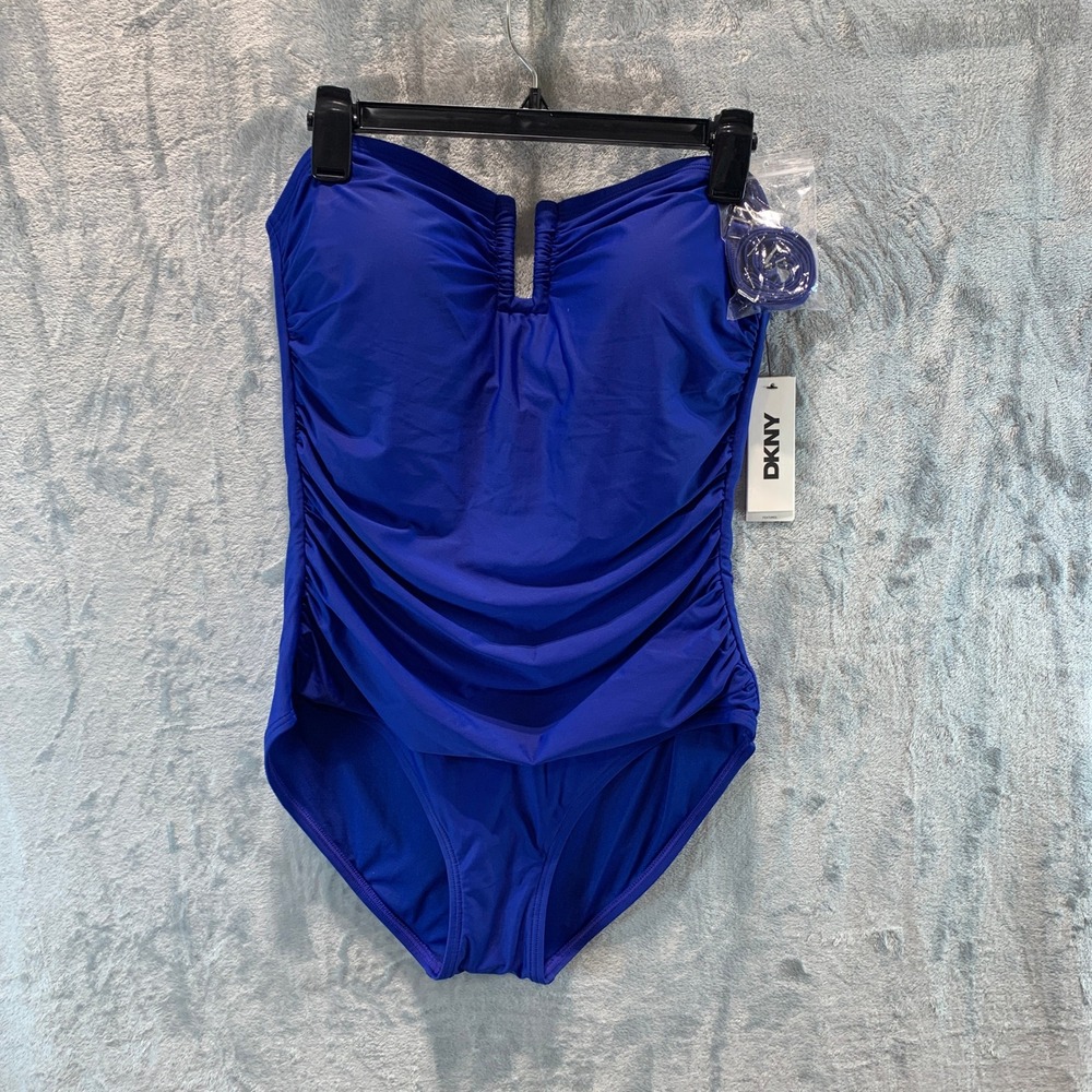DKNY Womens Royal Blue Ruched Bandeau One Piece Swimsuit DIMMS605 L - Picture 1 of 7